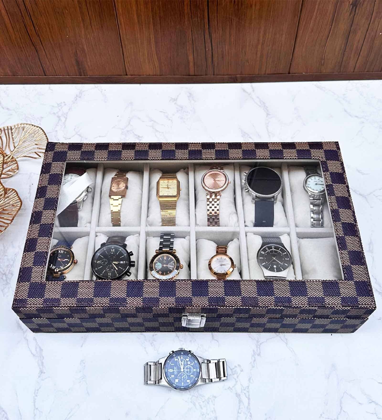 Brown 12 Slot Watch Display Box Case Organiser With Glass Top